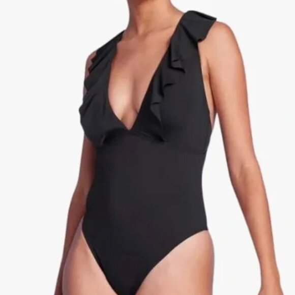 SHADE SHORE Black Plunge Flounce Neckline One Piece Swimsuit Womens Medium - Picture 2 of 13